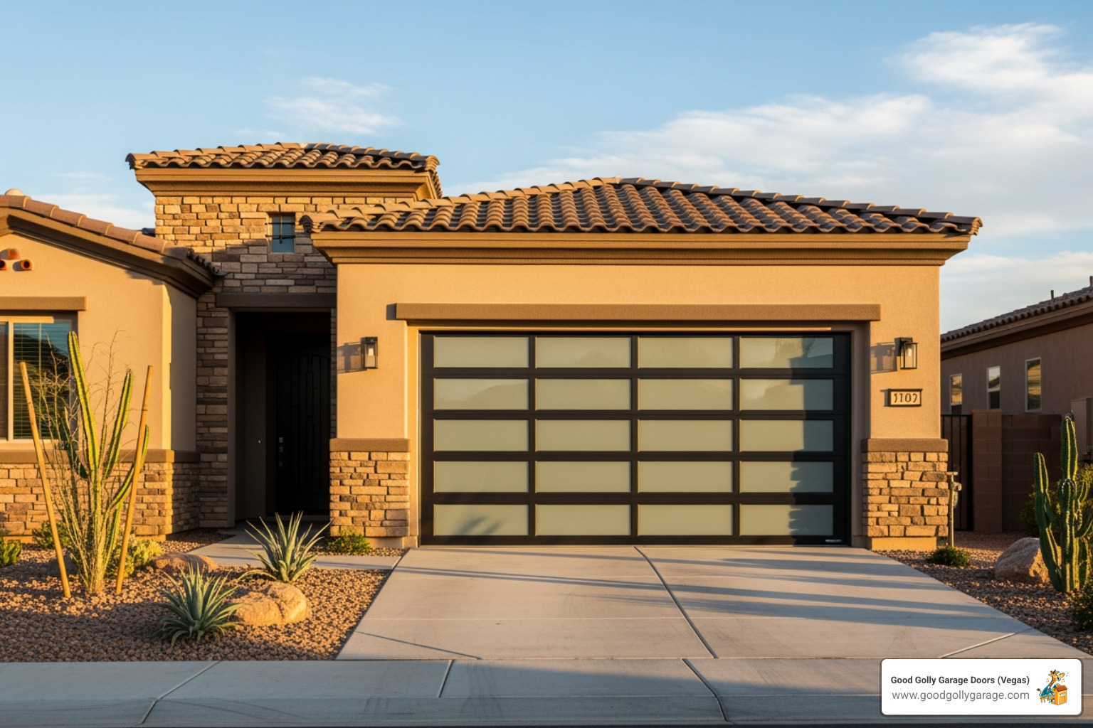 Infographic showing the key benefits of garage door replacement in Las Vegas: improved energy efficiency with insulated doors reducing heat transfer, enhanced curb appeal increasing home value by up to 4%, better security with modern locking systems and reinforced panels, heat-resistant materials suited for temperatures exceeding 110°F, and reduced maintenance costs with durable, low-maintenance options - best garage door replacement las vegas nv