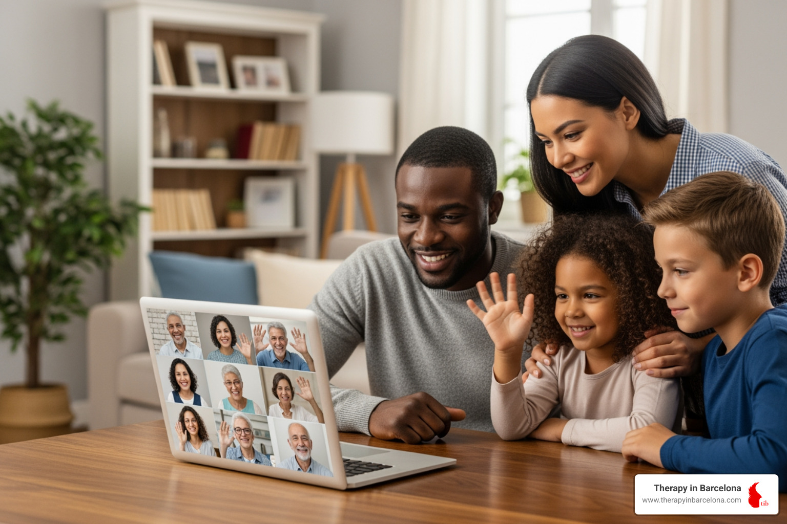 A family having a video call with relatives back in the US, showing connection despite distance. - american family moving to spain
