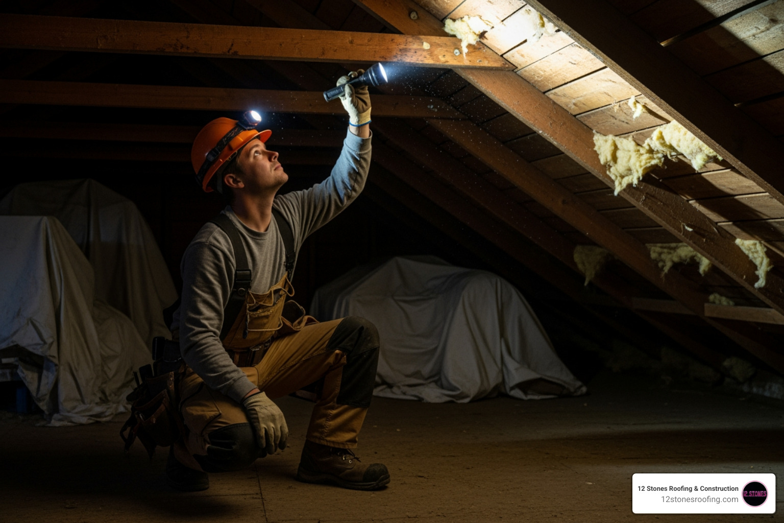 of a person safely inspecting an attic with a flashlight. - Residential roof leak repair of a person safely inspecting an attic with a flashlight. - Residential roof leak repair