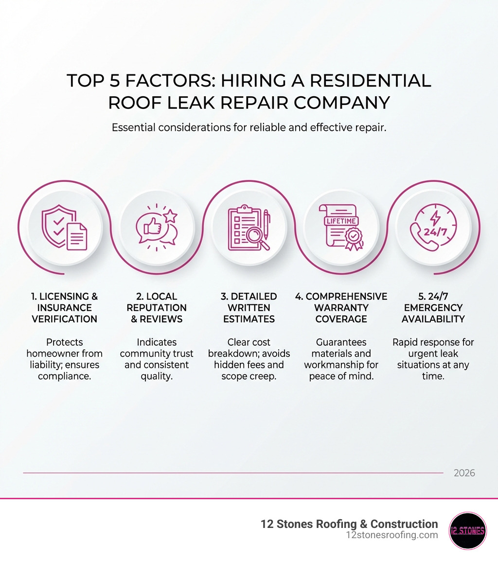 infographic showing the top 5 factors to consider when hiring a residential roof leak repair company: licensing and insurance verification, local reputation and reviews, detailed written estimates, comprehensive warranty coverage, and 24/7 emergency availability - Residential roof leak repair infographic infographic showing the top 5 factors to consider when hiring a residential roof leak repair company: licensing and insurance verification, local reputation and reviews, detailed written estimates, comprehensive warranty coverage, and 24/7 emergency availability - Residential roof leak repair infographic