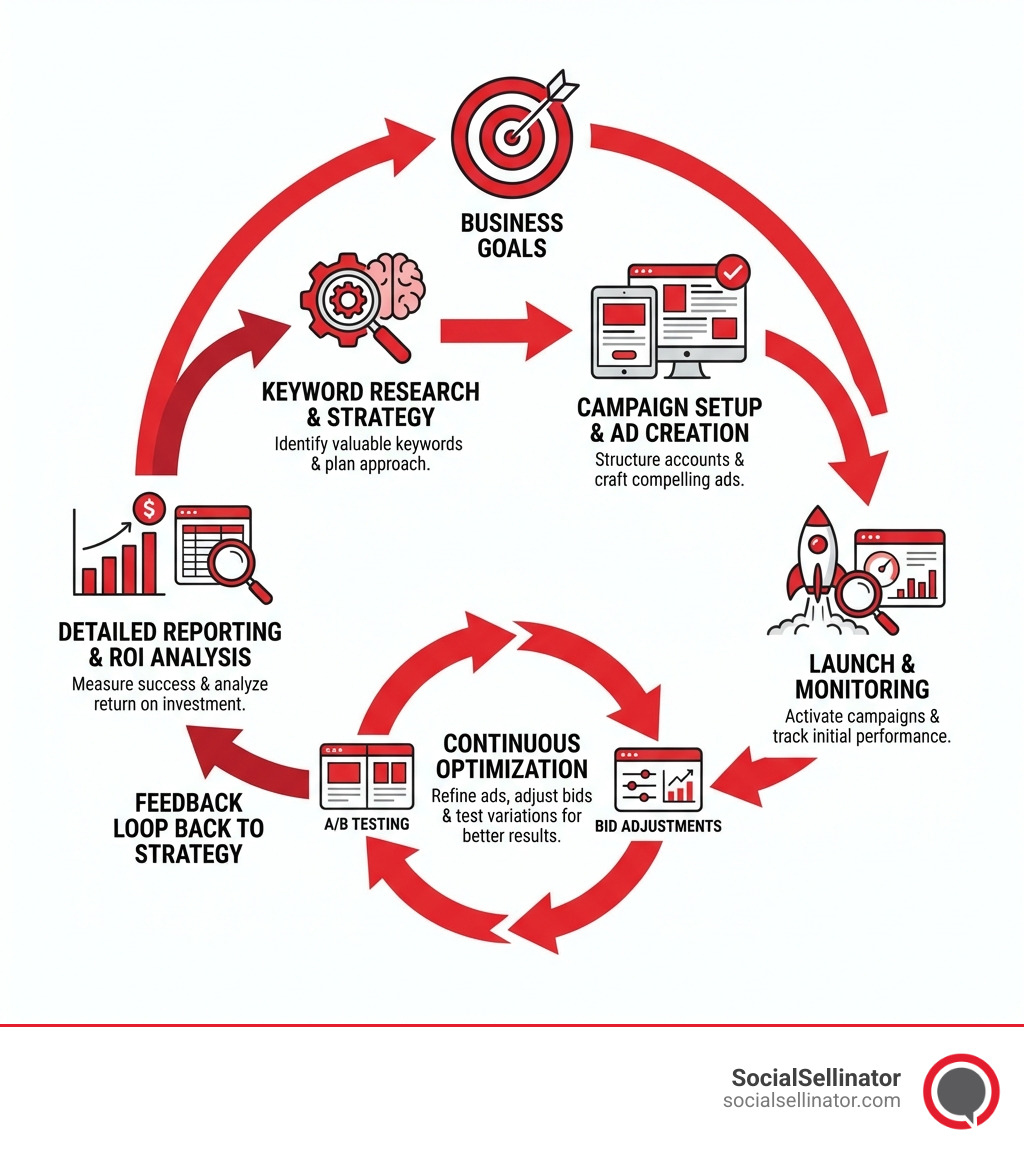 Infographic showing the Google Ads management process flow: Business goals lead to keyword research and strategy, which flows to campaign setup and ad creation, then to launch and monitoring, followed by continuous optimization through A/B testing and bid adjustments, finally resulting in detailed reporting and ROI analysis with feedback loop back to strategy - google ad management service infographic Infographic showing the Google Ads management process flow: Business goals lead to keyword research and strategy, which flows to campaign setup and ad creation, then to launch and monitoring, followed by continuous optimization through A/B testing and bid adjustments, finally resulting in detailed reporting and ROI analysis with feedback loop back to strategy - google ad management service infographic