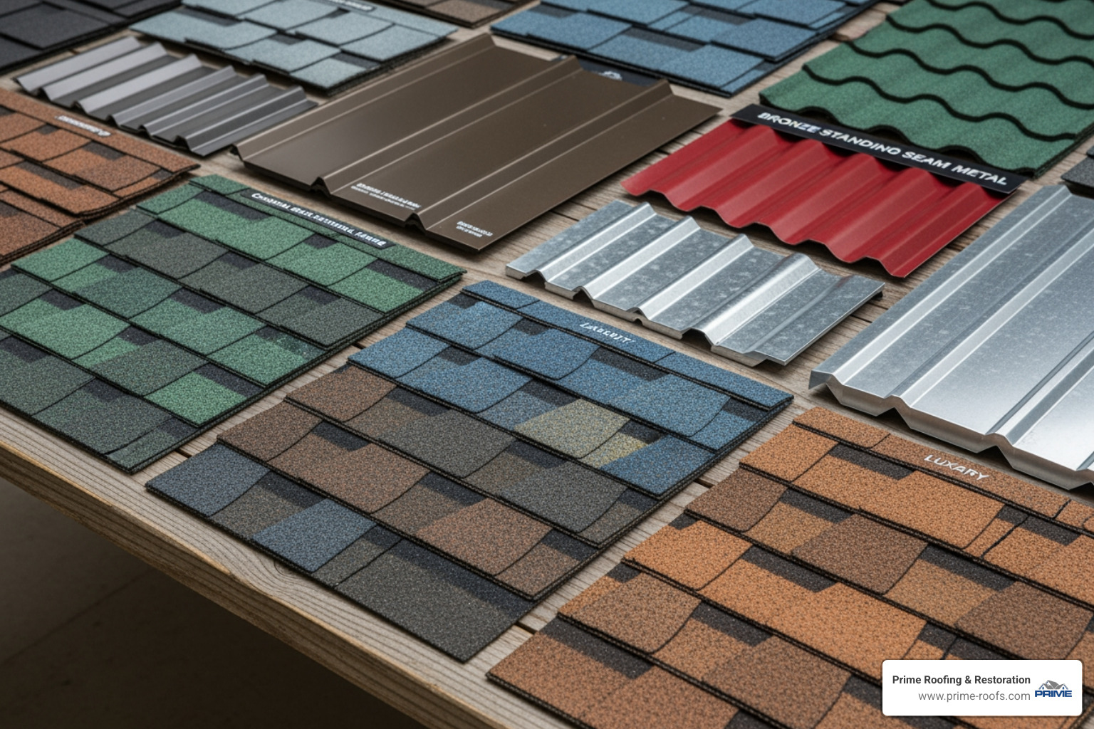 various roofing material samples such as asphalt shingles and metal panels - roof installation Hoover AL
