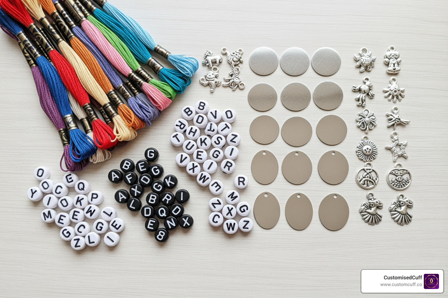 flat lay showing various bracelet materials like colorful threads, letter beads, metal blanks, and charms - friendship bracelets custom