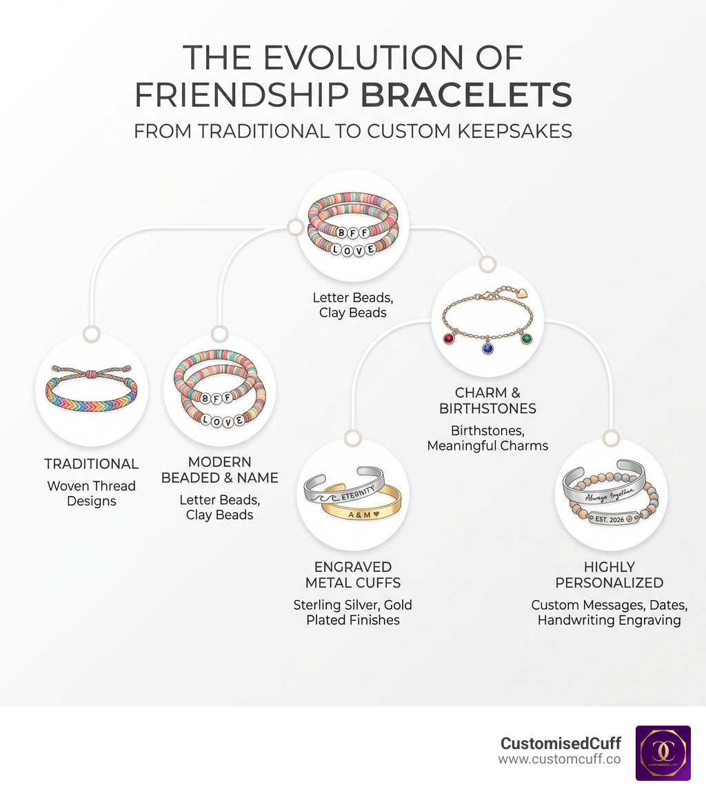 Infographic showing the evolution of friendship bracelets from traditional woven thread designs to modern options including beaded name bracelets with letter beads and clay beads, engraved metal cuffs in sterling silver and gold plated finishes, charm bracelets with birthstones, and personalized options featuring custom messages, dates, and handwriting engraving - friendship bracelets custom infographic 