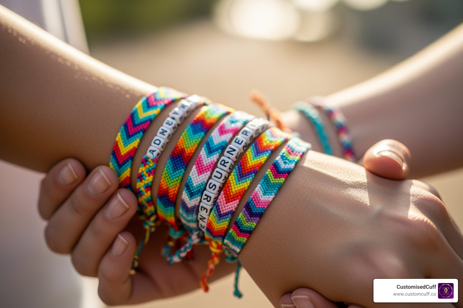 close-up on two friends' wrists wearing colorful custom friendship bracelets - friendship bracelets custom