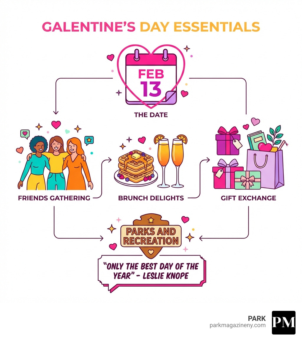 Infographic showing Galentine's Day essentials: February 13th date marker, icons of friends gathering, brunch items like waffles and mimosas, gift exchange symbols, and the Parks and Recreation logo with Leslie Knope's quote Infographic showing Galentine's Day essentials: February 13th date marker, icons of friends gathering, brunch items like waffles and mimosas, gift exchange symbols, and the Parks and Recreation logo with Leslie Knope's quote