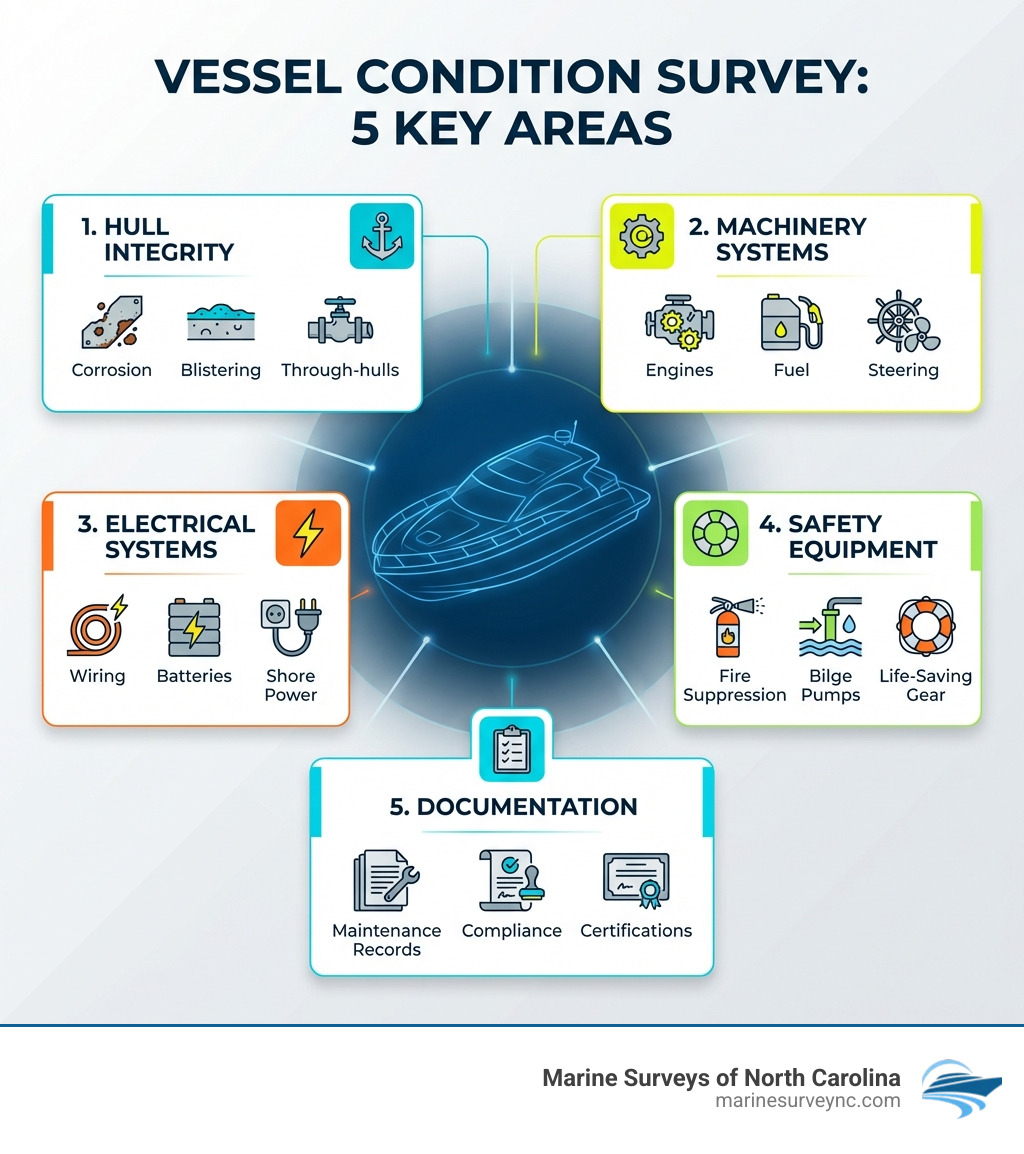 Infographic showing the 5 key areas covered in a vessel condition survey: Hull Integrity (corrosion, blistering, through-hulls), Machinery Systems (engines, fuel, steering), Electrical Systems (wiring, batteries, shore power), Safety Equipment (fire suppression, bilge pumps, life-saving gear), and Documentation (maintenance records, compliance, certifications) - vessel condition survey infographic Infographic showing the 5 key areas covered in a vessel condition survey: Hull Integrity (corrosion, blistering, through-hulls), Machinery Systems (engines, fuel, steering), Electrical Systems (wiring, batteries, shore power), Safety Equipment (fire suppression, bilge pumps, life-saving gear), and Documentation (maintenance records, compliance, certifications) - vessel condition survey infographic
