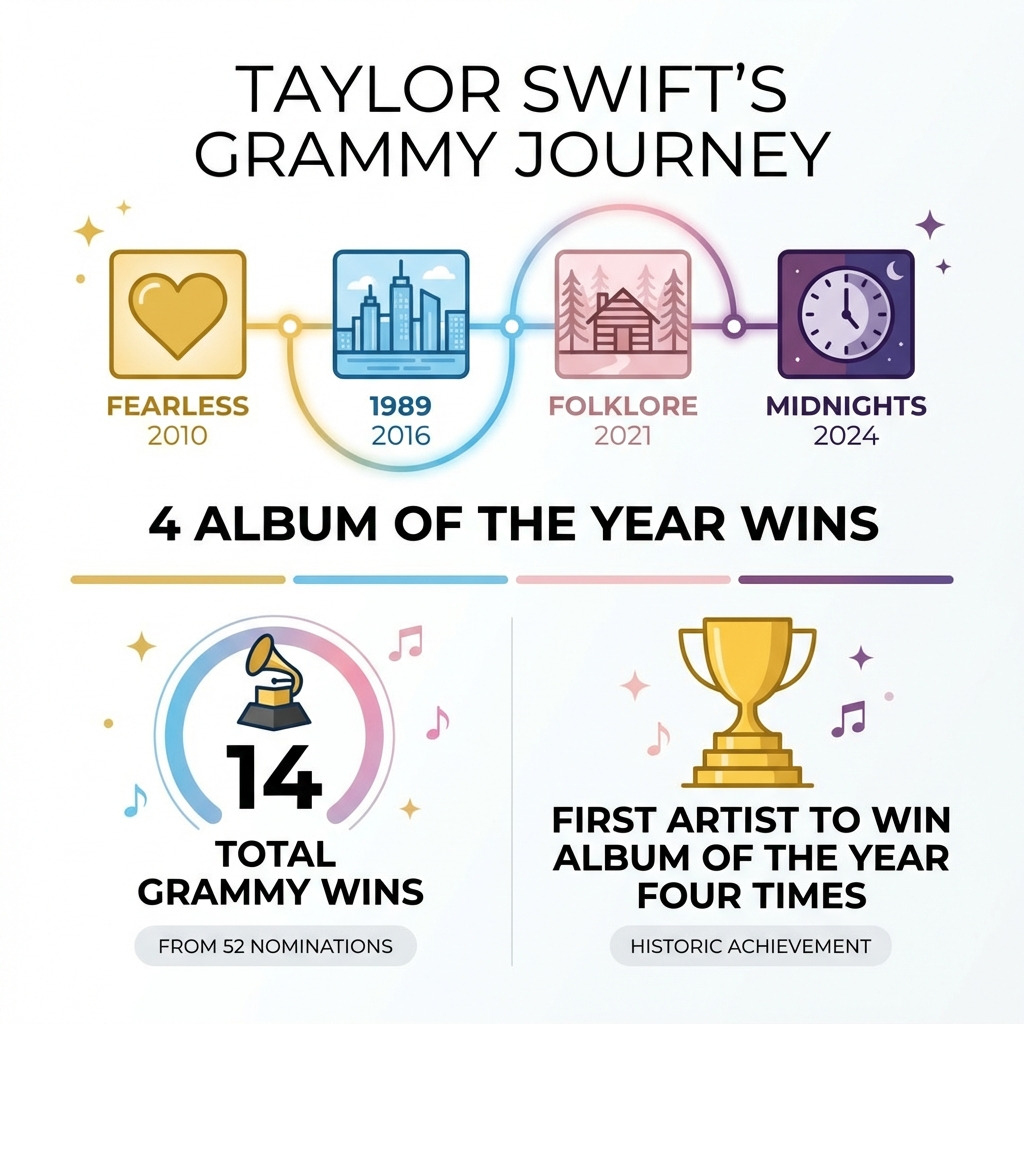 Infographic showing Taylor Swift's four Album of the Year Grammy wins with dates: Fearless 2010, 1989 2016, Folklore 2021, and Midnights 2024, plus her 14 total Grammy wins from 52 nominations and her status as the first artist to win Album of the Year four times - taylor swift grammys infographic Infographic showing Taylor Swift's four Album of the Year Grammy wins with dates: Fearless 2010, 1989 2016, Folklore 2021, and Midnights 2024, plus her 14 total Grammy wins from 52 nominations and her status as the first artist to win Album of the Year four times - taylor swift grammys infographic
