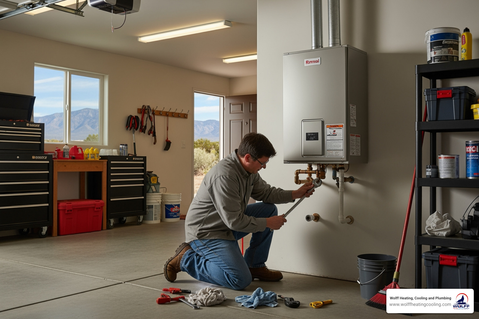 Infographic showing annual tankless water heater maintenance checklist for Albuquerque homes: flush system to remove mineral deposits, clean air intake filter, inspect burner assembly, check venting system, test electrical connections, examine for leaks, verify consistent water temperature output, and review error codes—all designed to combat hard water challenges specific to New Mexico - affordable tankless water heater maintenance in albuquerque, nm Infographic showing annual tankless water heater maintenance checklist for Albuquerque homes: flush system to remove mineral deposits, clean air intake filter, inspect burner assembly, check venting system, test electrical connections, examine for leaks, verify consistent water temperature output, and review error codes—all designed to combat hard water challenges specific to New Mexico - affordable tankless water heater maintenance in albuquerque, nm