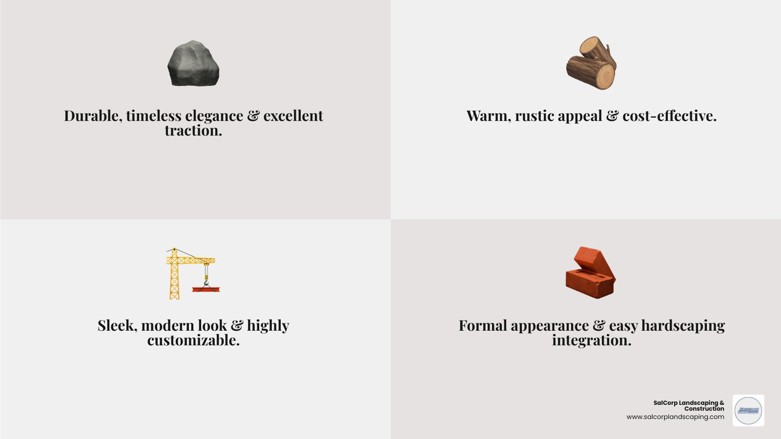 Infographic showing four main types of landscape step materials in quadrants: Stone (top left) with granite texture and "Durability & Elegance" label; Wood (top right) with timber grain and "Rustic Warmth" label; Concrete (bottom left) with smooth gray finish and "Modern Versatility" label; Pavers (bottom right) with brick pattern and "Formal Appeal" label - landscape steps ideas infographic 4_facts_emoji_grey Infographic showing four main types of landscape step materials in quadrants: Stone (top left) with granite texture and "Durability & Elegance" label; Wood (top right) with timber grain and "Rustic Warmth" label; Concrete (bottom left) with smooth gray finish and "Modern Versatility" label; Pavers (bottom right) with brick pattern and "Formal Appeal" label - landscape steps ideas infographic 4_facts_emoji_grey