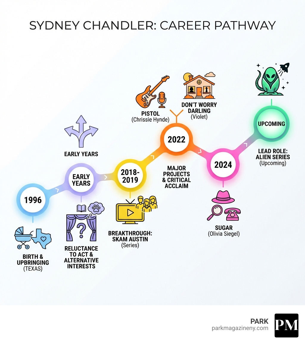 Infographic showing Sydney Chandler's career timeline from birth in 1996 through her upbringing in Texas, early reluctance toward acting, breakthrough roles in SKAM Austin 2018-2019, major projects Pistol and Don't Worry Darling in 2022, Sugar in 2024, and upcoming lead role in Alien series - sydney chandler infographic 
