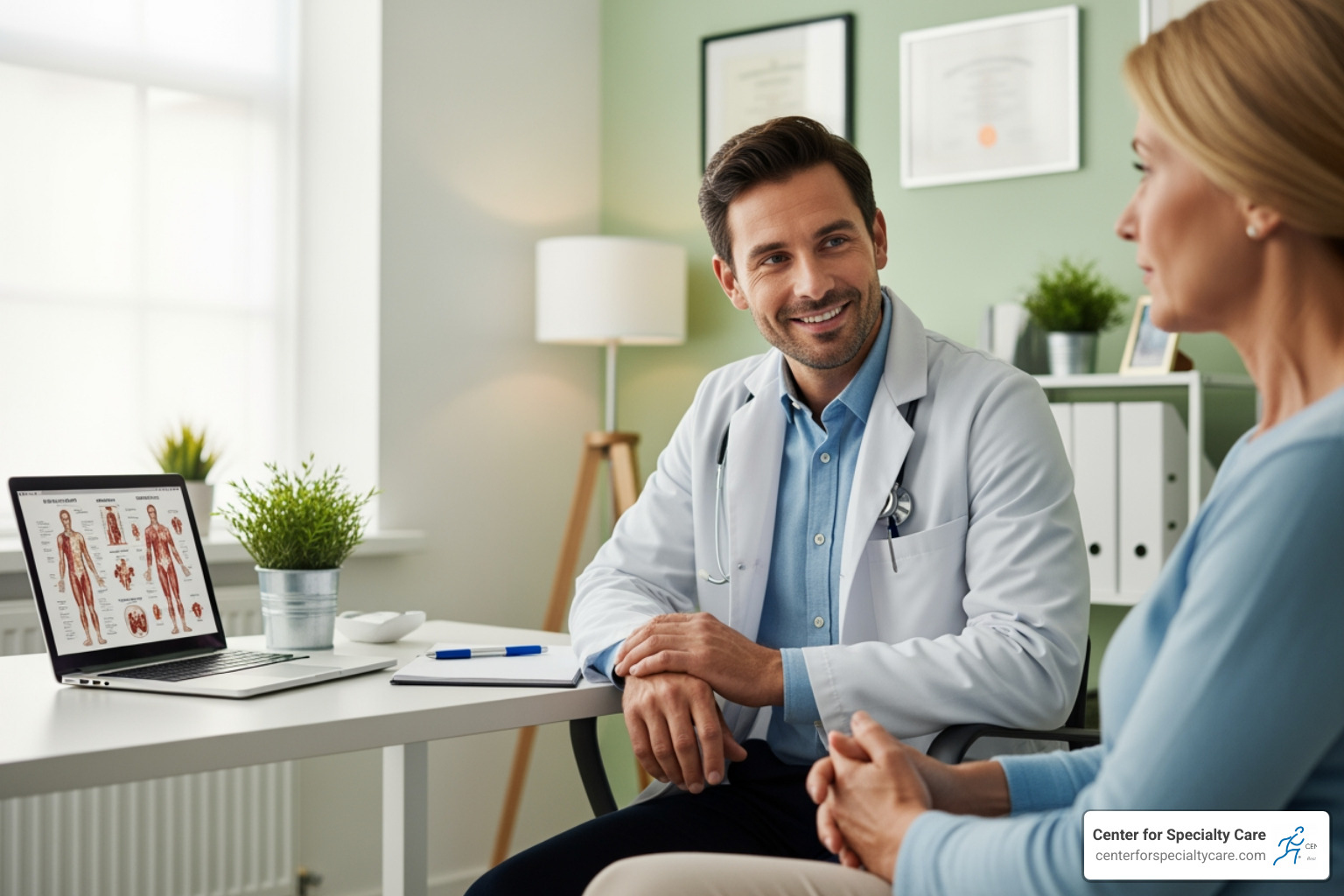 doctor compassionately listening to a patient in a clinic room - chronic pain management