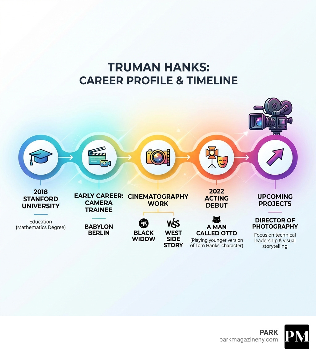 infographic showing truman hanks profile with timeline of education at stanford university 2018, early career as camera trainee on babylon berlin, cinematography work on black widow and west side story, acting debut in a man called otto 2022, and upcoming projects as director of photography - truman hanks infographic infographic showing truman hanks profile with timeline of education at stanford university 2018, early career as camera trainee on babylon berlin, cinematography work on black widow and west side story, acting debut in a man called otto 2022, and upcoming projects as director of photography - truman hanks infographic
