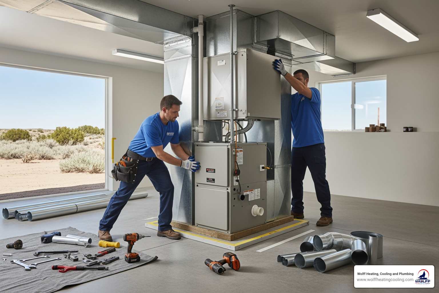 Infographic showing the benefits of upgrading to a high-efficiency furnace in Rio Rancho: 95%+ AFUE rating reduces energy waste, improved air filtration for better indoor air quality, smart thermostat compatibility for precise temperature control, potential utility rebates from New Mexico Gas Company, reduced carbon footprint, and quieter operation compared to older systems - affordable furnace installation in rio rancho, nm Infographic showing the benefits of upgrading to a high-efficiency furnace in Rio Rancho: 95%+ AFUE rating reduces energy waste, improved air filtration for better indoor air quality, smart thermostat compatibility for precise temperature control, potential utility rebates from New Mexico Gas Company, reduced carbon footprint, and quieter operation compared to older systems - affordable furnace installation in rio rancho, nm