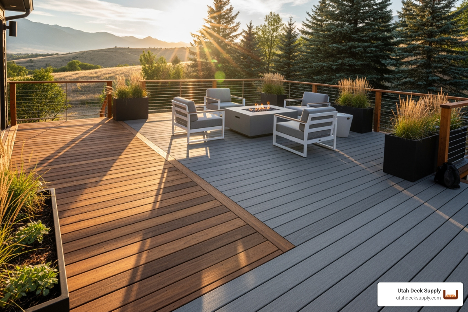 a beautiful, modern deck showcasing different material textures in a sunny backyard - deck material comparison a beautiful, modern deck showcasing different material textures in a sunny backyard - deck material comparison