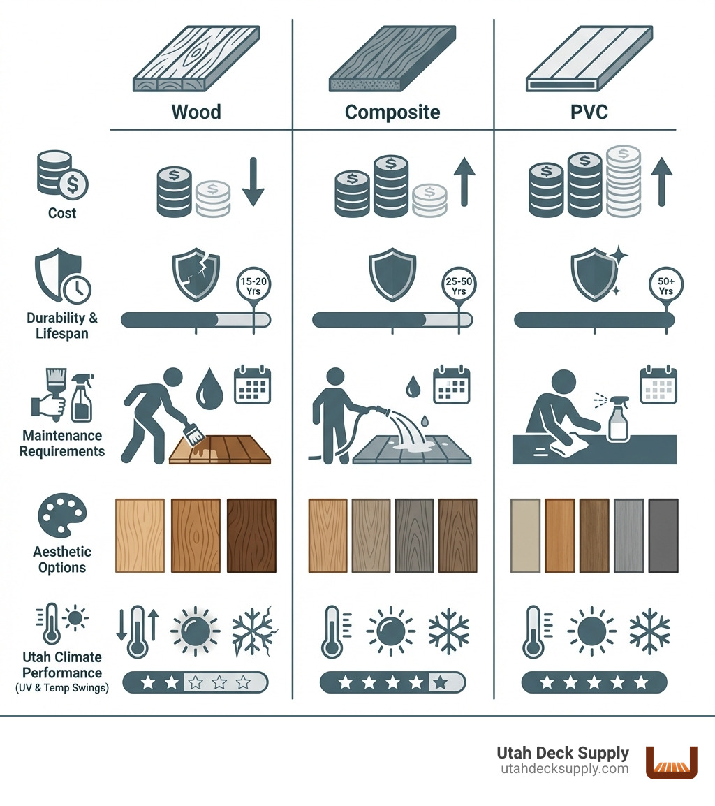 Comprehensive deck material comparison infographic showing wood composite and PVC side by side with cost durability maintenance requirements aesthetic options and climate performance ratings for Utah conditions - deck material comparison infographic Comprehensive deck material comparison infographic showing wood composite and PVC side by side with cost durability maintenance requirements aesthetic options and climate performance ratings for Utah conditions - deck material comparison infographic