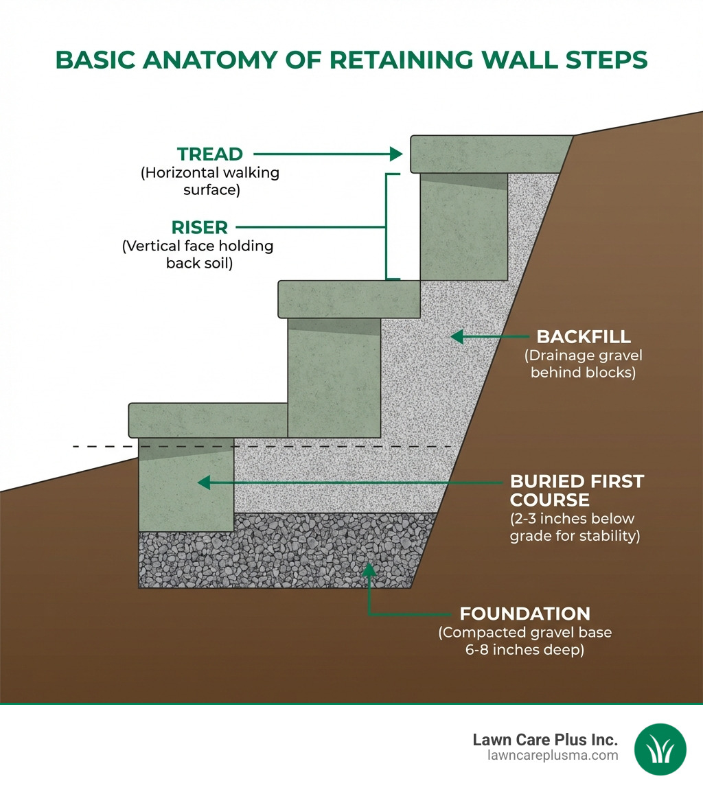 Infographic showing the basic anatomy of retaining wall steps, including labeled components: riser (vertical face holding back soil), tread (horizontal walking surface), foundation (compacted gravel base 6-8 inches deep), backfill (drainage gravel behind blocks), and buried first course (2-3 inches below grade for stability) - retaining wall steps infographic 