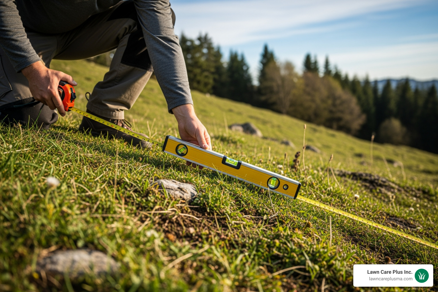 Person measuring a slope with a tape measure and level - retaining wall steps