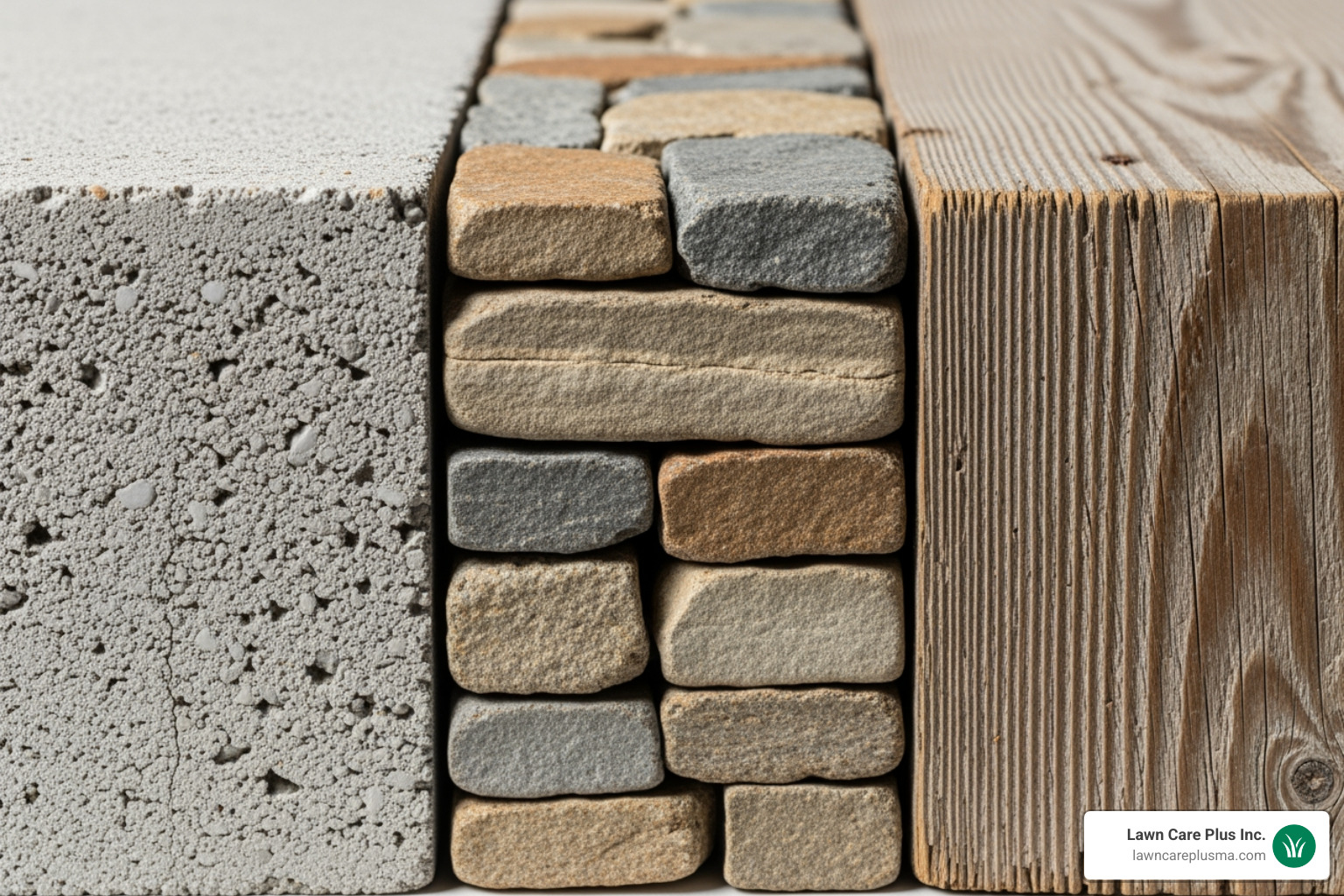 Close-up showing textures of concrete block, natural stone, and wood - retaining wall steps