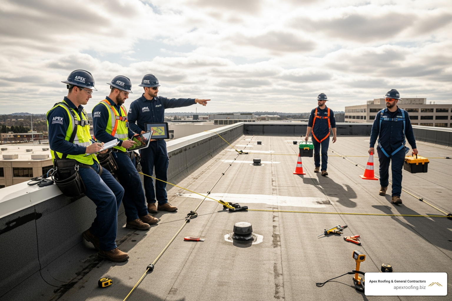 A team of uniformed roofers inspecting a large flat commercial roof with tools and safety gear - commercial roof contractors near me