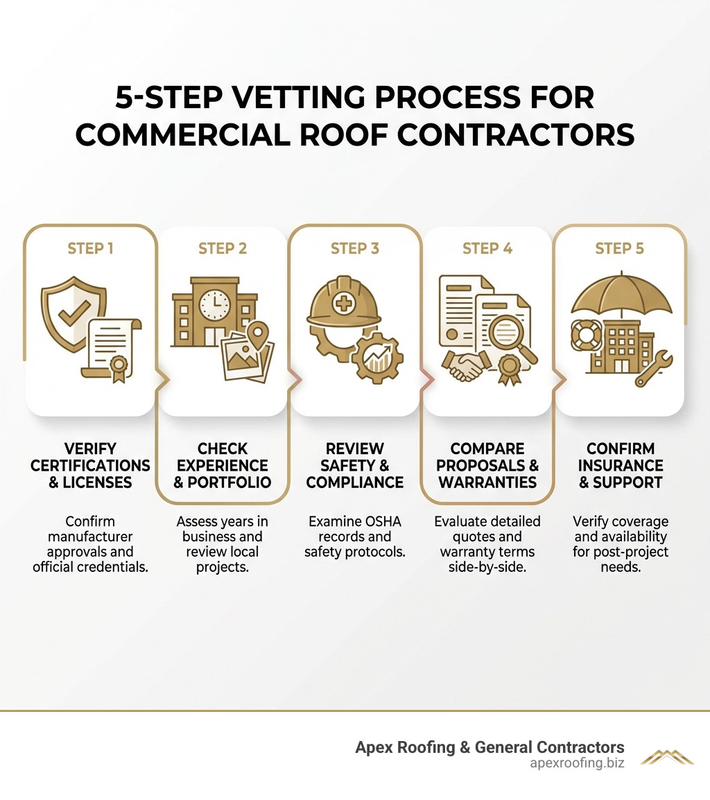 Infographic showing the 5-step process for vetting commercial roof contractors: Step 1 - Verify manufacturer certifications and licenses, Step 2 - Check years in business and local project portfolio, Step 3 - Review safety record and OSHA compliance, Step 4 - Compare detailed written proposals with warranty terms, Step 5 - Confirm insurance coverage and post-project support - commercial roof contractors near me infographic 