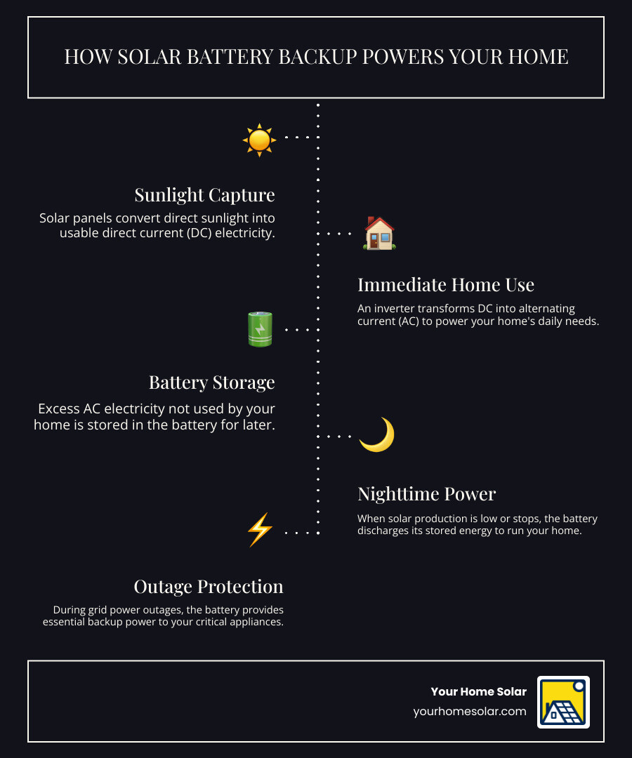 infographic showing energy flow from solar panels through inverter to battery storage and home, with arrows indicating daytime charging and nighttime discharge, plus a backup power path during outages - solar battery backup infographic infographic-line-5-steps-dark infographic showing energy flow from solar panels through inverter to battery storage and home, with arrows indicating daytime charging and nighttime discharge, plus a backup power path during outages - solar battery backup infographic infographic-line-5-steps-dark