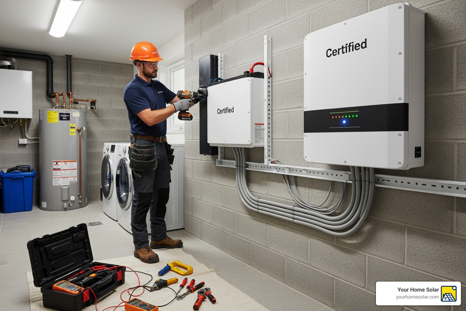 certified technician safely installing a wall-mounted solar battery - solar battery backup certified technician safely installing a wall-mounted solar battery - solar battery backup
