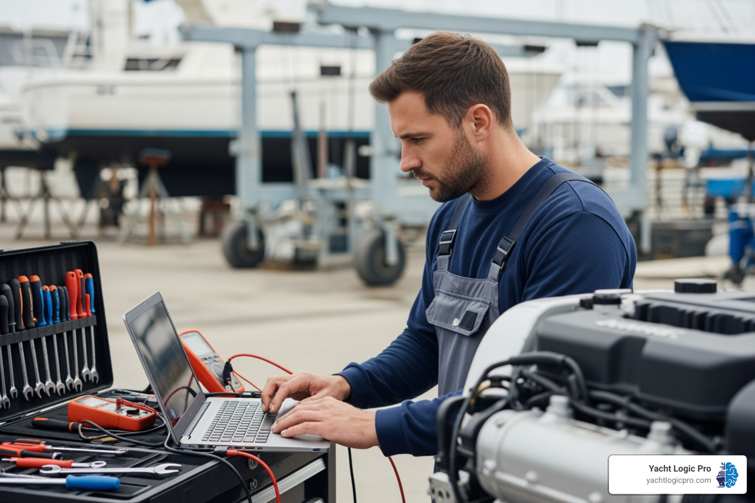 Technician performing engine diagnostic - professional marine service