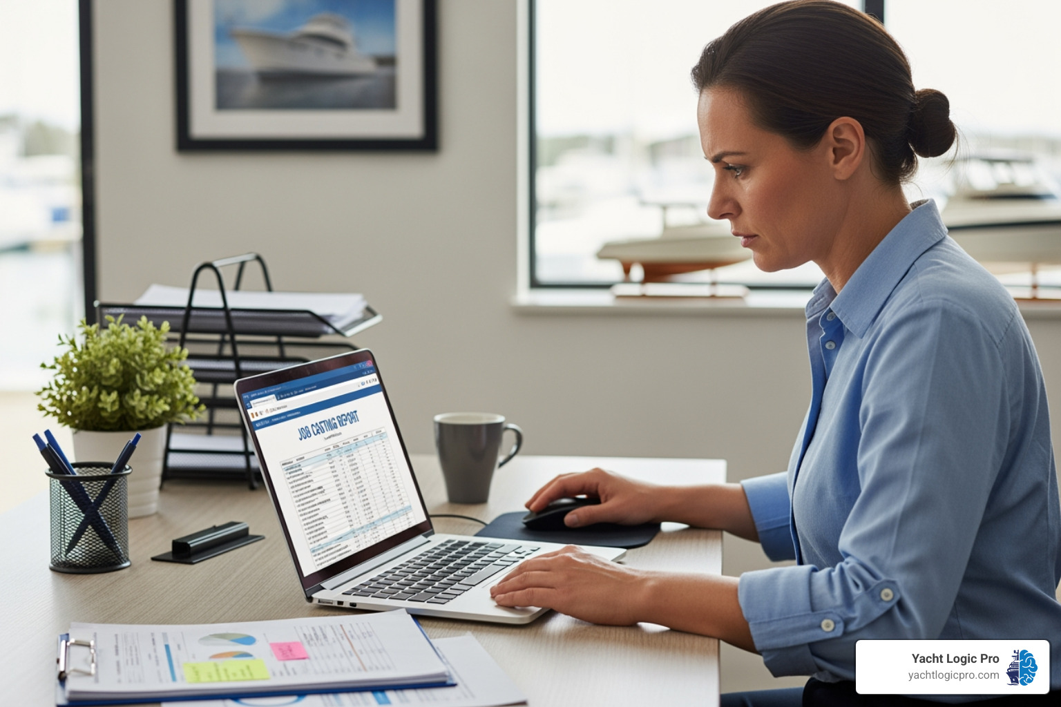 Service manager reviewing job costing report - professional marine service
