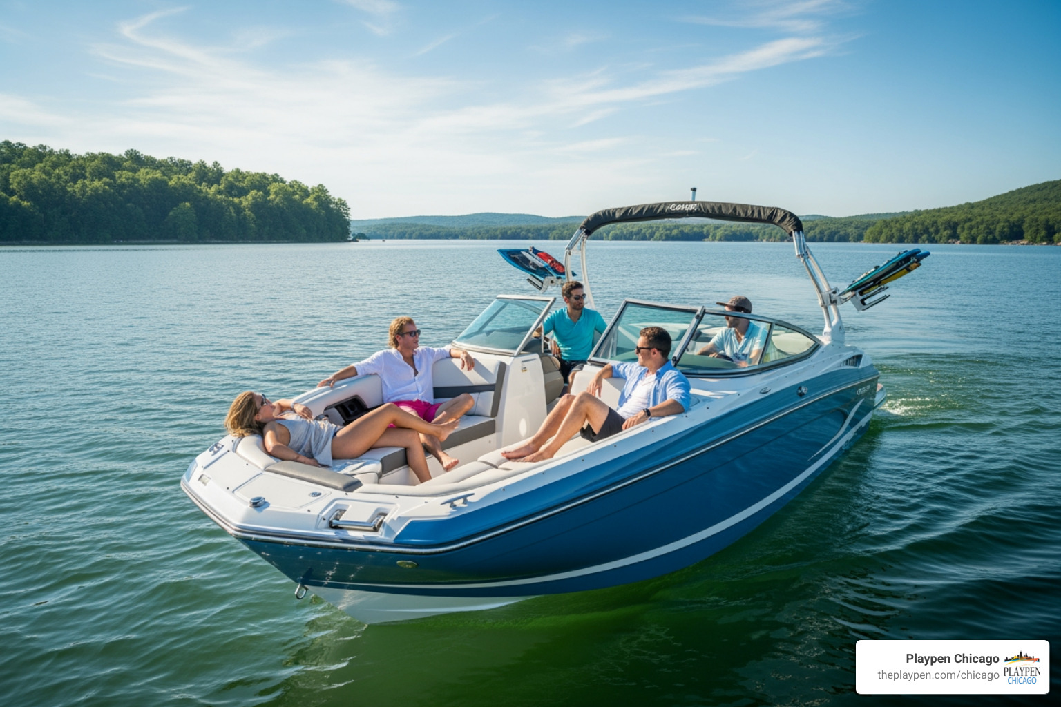 modern bowrider boat with people lounging on the bow - best boats for the playpen chicago modern bowrider boat with people lounging on the bow - best boats for the playpen chicago