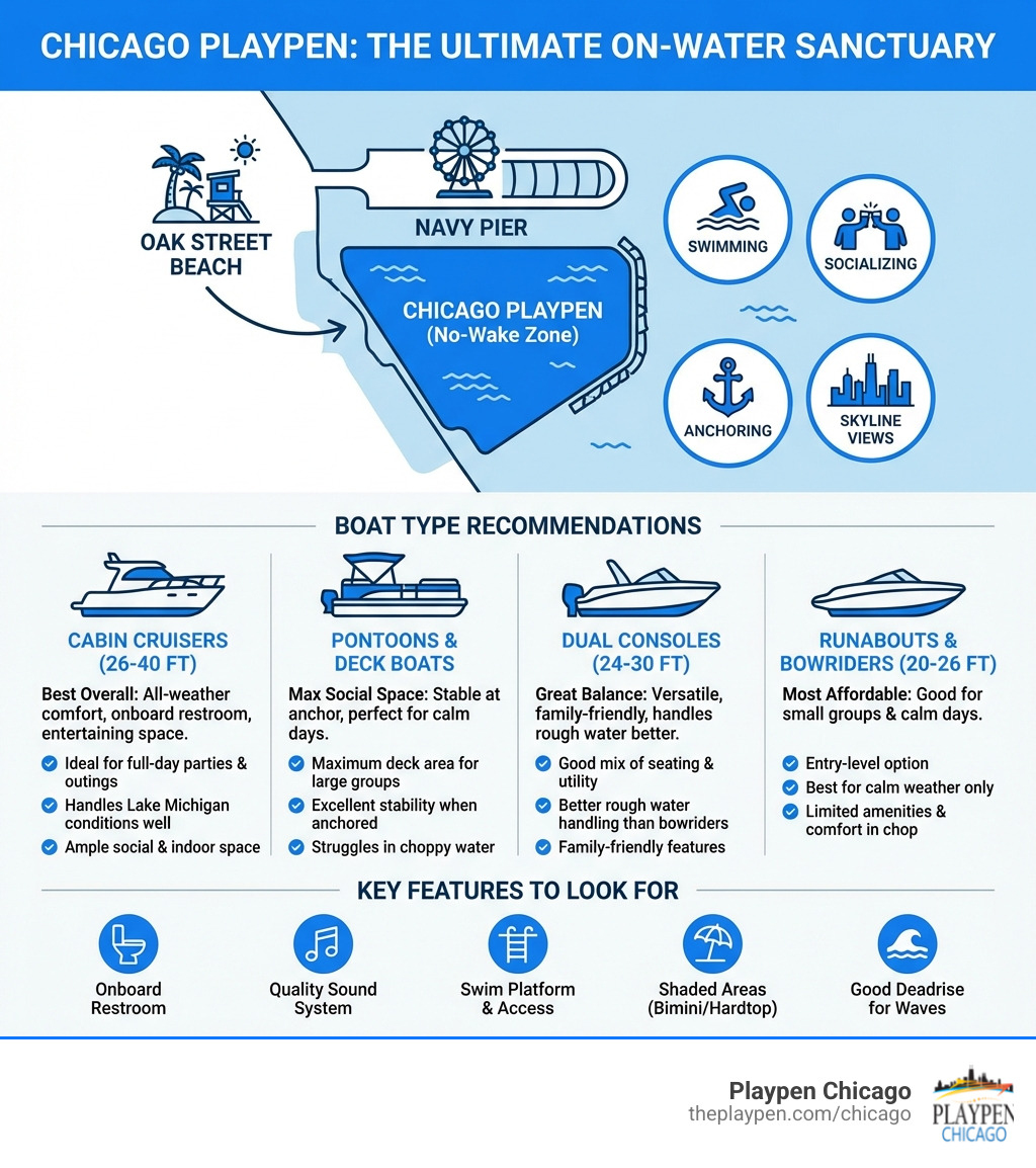 infographic showing chicago playpen location between oak street beach and navy pier with icons for swimming socializing anchoring and skyline views plus boat type recommendations - best boats for the playpen chicago infographic infographic showing chicago playpen location between oak street beach and navy pier with icons for swimming socializing anchoring and skyline views plus boat type recommendations - best boats for the playpen chicago infographic