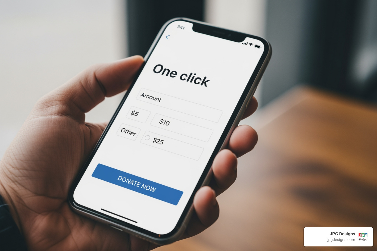 Mobile phone displaying a simple, one-click donation form - accept online donations Mobile phone displaying a simple, one-click donation form - accept online donations