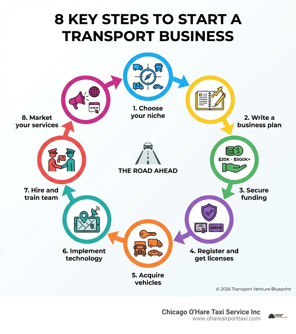 infographic showing 8 key steps to start a transport business: 1. Choose your niche, 2. Write a business plan, 3. Secure funding, 4. Register and get licenses, 5. Acquire vehicles, 6. Implement technology, 7. Hire and train team, 8. Market your services - transport business infographic infographic showing 8 key steps to start a transport business: 1. Choose your niche, 2. Write a business plan, 3. Secure funding, 4. Register and get licenses, 5. Acquire vehicles, 6. Implement technology, 7. Hire and train team, 8. Market your services - transport business infographic