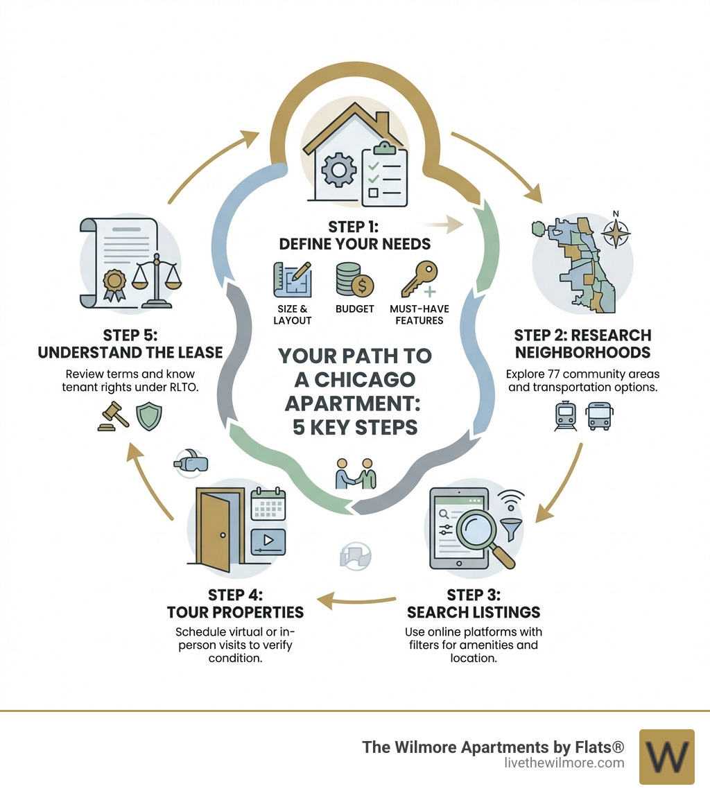 Infographic showing 5 key steps to finding a Chicago apartment: Step 1 - Define Your Needs (determine size, budget, and must-have features), Step 2 - Research Neighborhoods (explore Chicago's 77 community areas and transportation options), Step 3 - Search Listings (use online platforms with filters for amenities and location), Step 4 - Tour Properties (schedule virtual or in-person visits to verify condition), Step 5 - Understand the Lease (review terms and know tenant rights under RLTO) - Find apartments Chicago infographic 