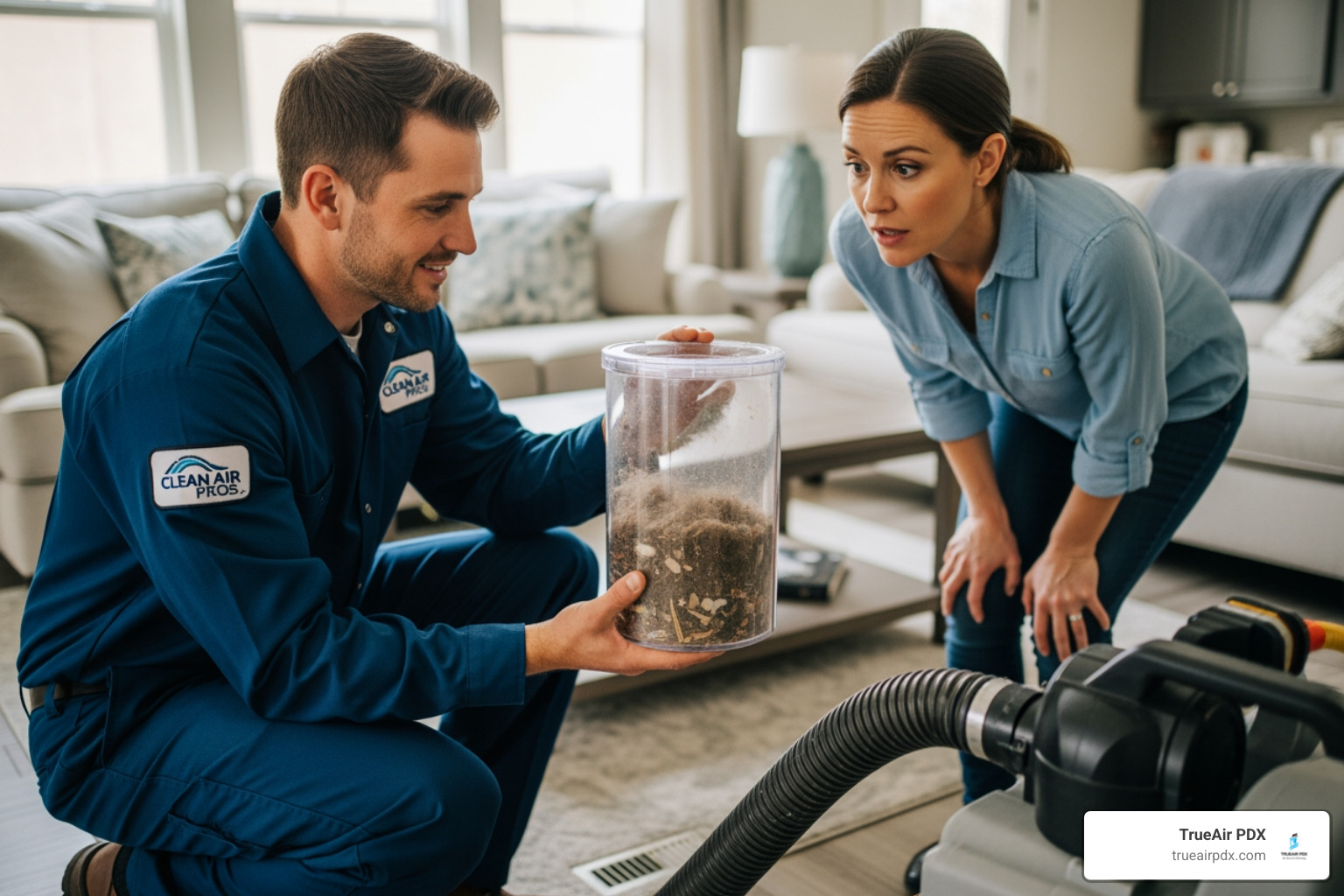 technician showing homeowner debris collected from ducts - air duct cleaning Tigard technician showing homeowner debris collected from ducts - air duct cleaning Tigard
