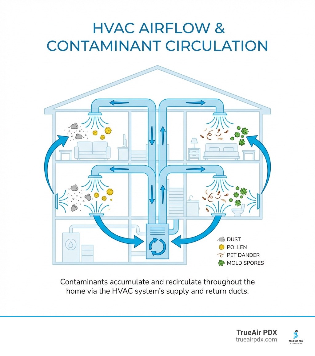 infographic showing how dust, pollen, pet dander, and mold spores circulate through a home's HVAC ductwork system, with arrows indicating airflow from ducts through vents into living spaces and back through return vents - air duct cleaning Tigard infographic infographic showing how dust, pollen, pet dander, and mold spores circulate through a home's HVAC ductwork system, with arrows indicating airflow from ducts through vents into living spaces and back through return vents - air duct cleaning Tigard infographic