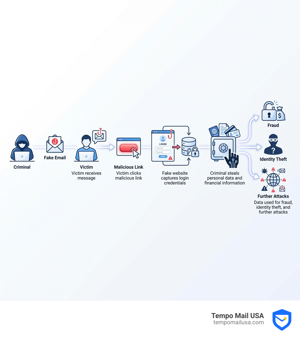 Infographic showing the flow of a phishing attack: Criminal sends fake email → Victim receives message → Victim clicks malicious link → Fake website captures login credentials → Criminal steals personal data and financial information → Data used for fraud, identity theft, and further attacks - report phishing email infographic 
