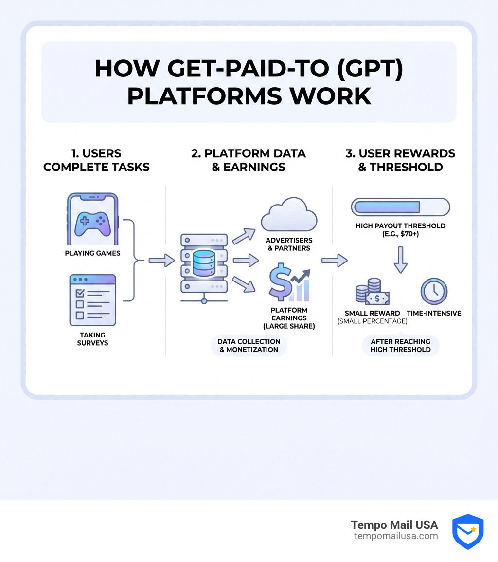 infographic showing how Get-Paid-To platforms work: users complete tasks like playing games and surveys, platforms collect user data and earn from advertisers, users receive small percentage as rewards after high payout threshold - is testerup a scam infographic infographic showing how Get-Paid-To platforms work: users complete tasks like playing games and surveys, platforms collect user data and earn from advertisers, users receive small percentage as rewards after high payout threshold - is testerup a scam infographic