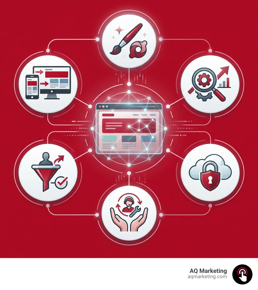 Infographic showing the key components of a professional small business website: custom design for credibility, mobile-responsive layout for accessibility, SEO optimization for visibility, lead generation tools for conversions, secure hosting for reliability, and ongoing support for peace of mind - small business website developer infographic 