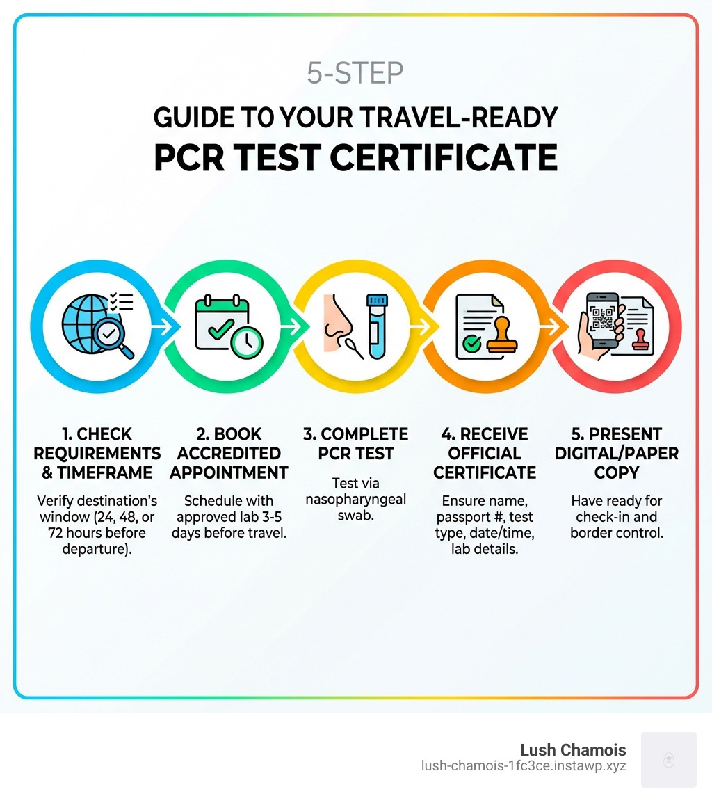 Infographic showing the 5-step process to obtain a travel-ready PCR test certificate: 1) Check destination requirements and testing timeframe, 2) Book appointment with accredited provider 3-5 days before travel, 3) Complete PCR test via nasopharyngeal swab, 4) Receive official certificate with all required fields (name, passport number, test type, date/time, lab details), 5) Present digital or paper copy at check-in and border control - pcr test flight certificate infographic 