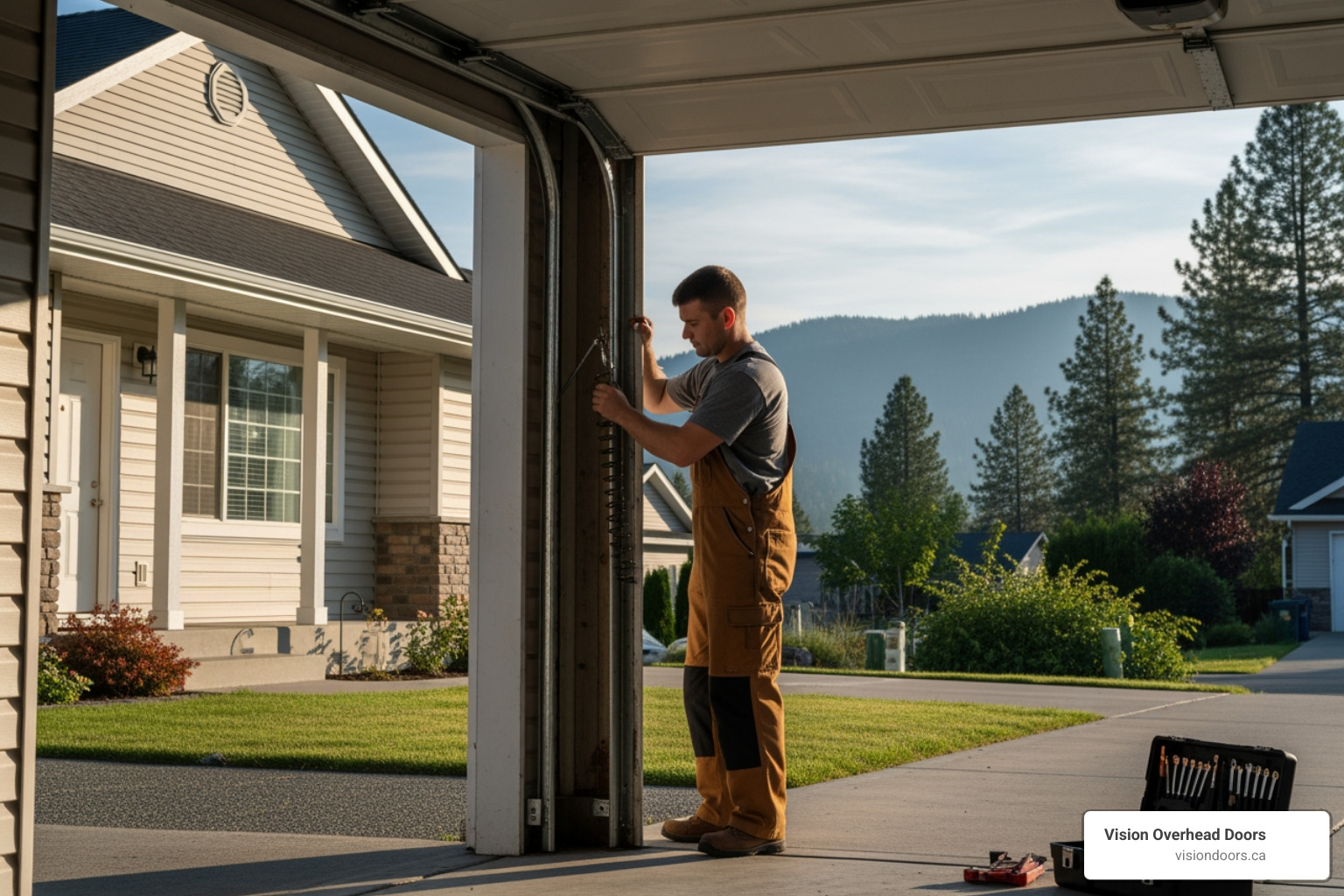 Infographic showing 5 common signs your garage door needs repair: 1) Strange grinding or popping noises during operation, 2) Slow response time or jerky movement, 3) Door visibly off track or misaligned, 4) Sagging on one side when partially open, 5) Complete failure to open or close properly - residential garage door repair in vernon, bc Infographic showing 5 common signs your garage door needs repair: 1) Strange grinding or popping noises during operation, 2) Slow response time or jerky movement, 3) Door visibly off track or misaligned, 4) Sagging on one side when partially open, 5) Complete failure to open or close properly - residential garage door repair in vernon, bc