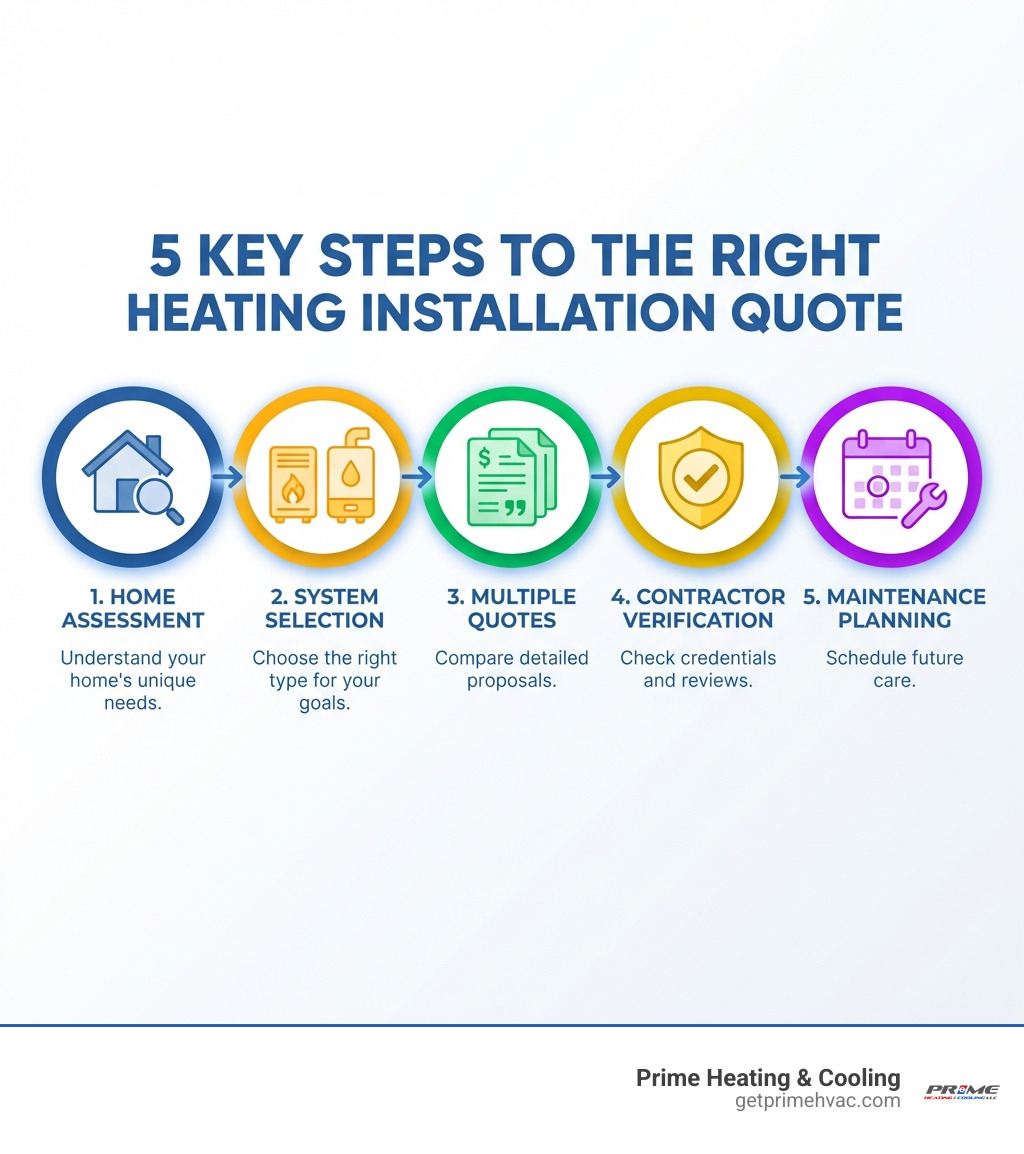 infographic showing the 5 key steps to getting the right heating installation quote: home assessment with house icon, system selection with furnace and boiler icons, multiple quotes with document icons, contractor verification with checkmark badge, and maintenance planning with calendar icon - heating system installation infographic 