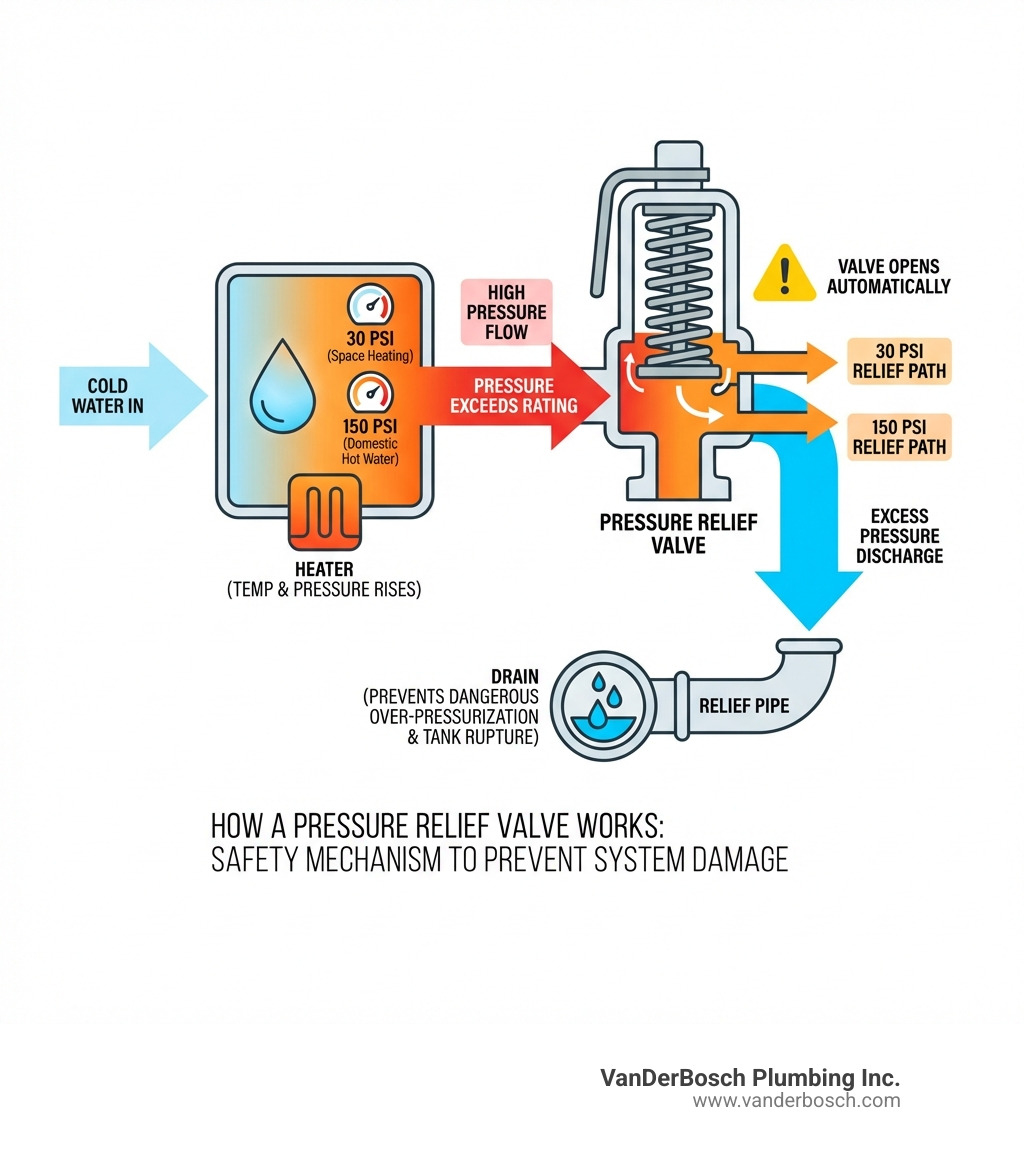 Infographic showing how a pressure relief valve works: Cold water enters the system, heater raises temperature and pressure, when pressure exceeds the valve's rating (30 PSI or 150 PSI depending on system), the valve opens automatically to discharge excess pressure through the relief pipe to a drain, preventing dangerous over-pressurization and potential tank rupture - Navien pressure relief valve infographic Infographic showing how a pressure relief valve works: Cold water enters the system, heater raises temperature and pressure, when pressure exceeds the valve's rating (30 PSI or 150 PSI depending on system), the valve opens automatically to discharge excess pressure through the relief pipe to a drain, preventing dangerous over-pressurization and potential tank rupture - Navien pressure relief valve infographic