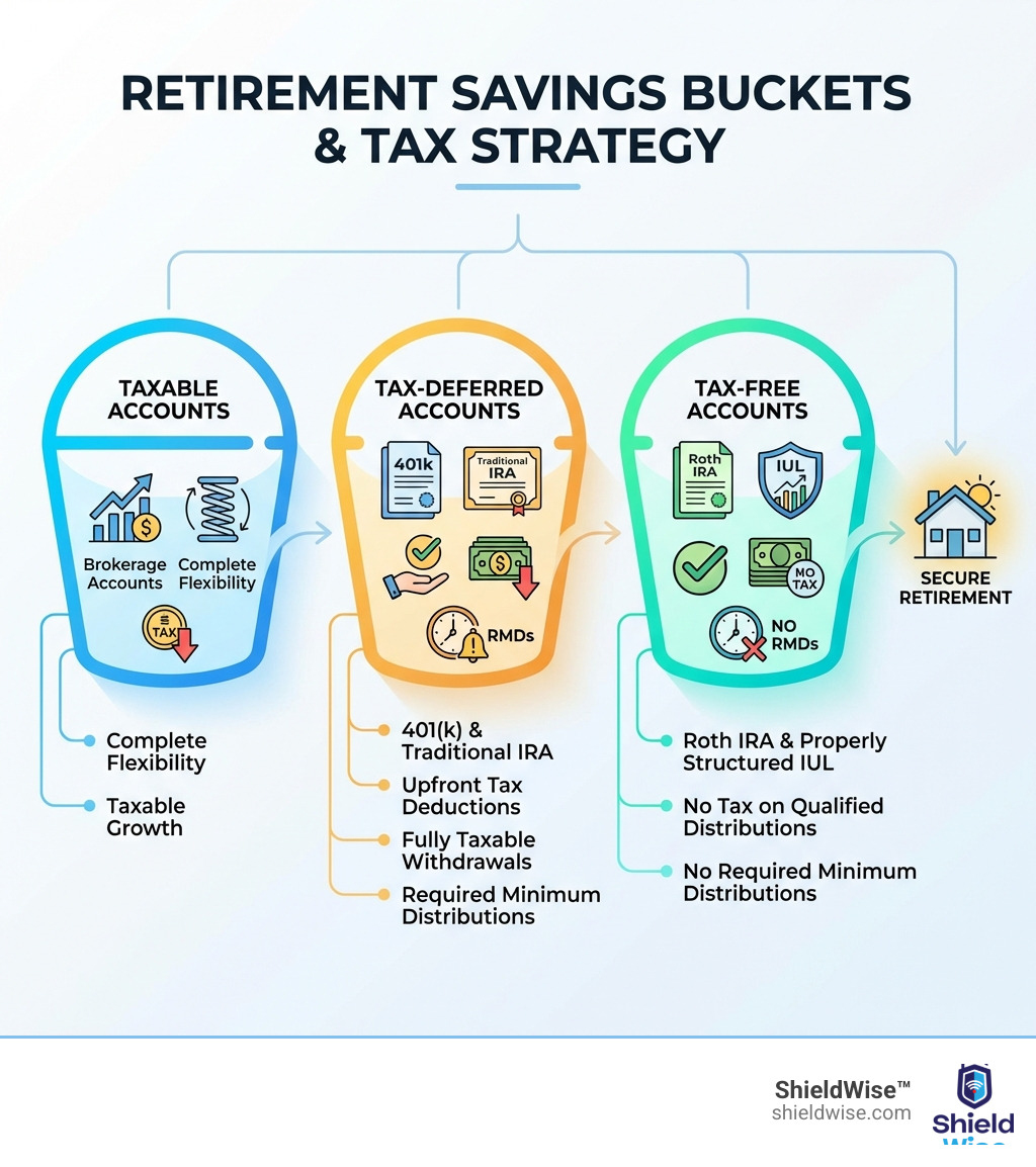 Infographic showing three retirement savings buckets: Taxable accounts (brokerage accounts with complete flexibility but taxable growth), Tax-Deferred accounts (401k and Traditional IRA with upfront tax deductions but fully taxable withdrawals and Required Minimum Distributions), and Tax-Free accounts (Roth IRA and properly structured IUL with no tax on qualified distributions and no Required Minimum Distributions) - how iul fits into overall retirement plan infographic 