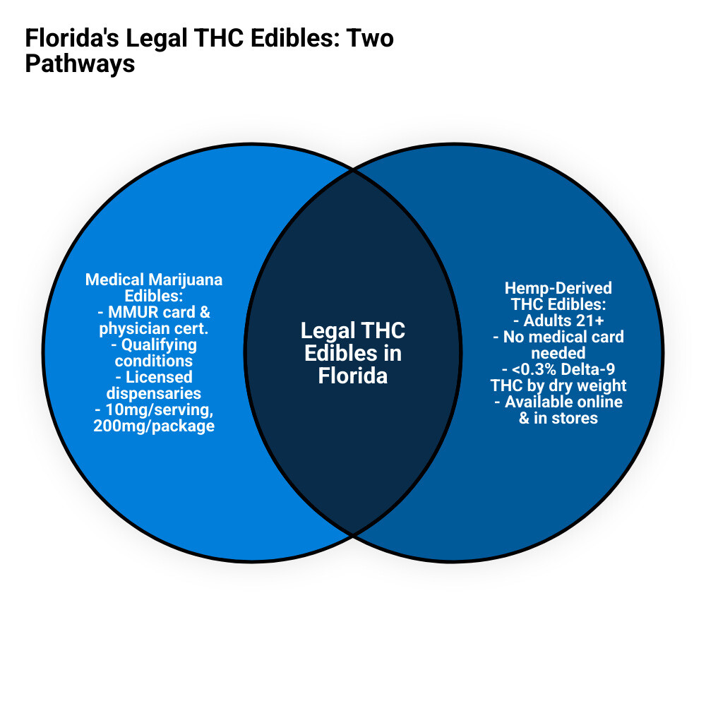 Infographic showing Florida's two legal pathways for THC edibles: Left side depicts Medical Marijuana route with doctor consultation, MMUR card, and licensed dispensary; Right side shows Hemp-Derived route with age 21+ requirement, online/retail purchase options, and less than 0.3% Delta-9 THC limit; Center comparison highlights key differences in THC limits, requirements, and accessibility for Hollywood, FL residents - Legal edibles Florida infographic venn_diagram