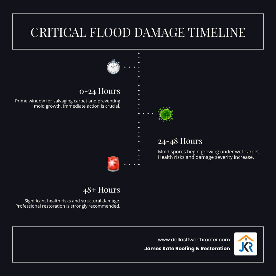 Infographic showing the progression of flood damage over time: 0-24 hours shows water extraction and initial drying with minimal damage risk; 24-48 hours shows mold spore activation with moderate health risk; 48-72 hours shows visible mold growth and structural concerns with high risk; 7+ days shows severe mold infestation, structural degradation, and potential carpet replacement needed - carpet flooding clean up infographic infographic-line-3-steps-dark Infographic showing the progression of flood damage over time: 0-24 hours shows water extraction and initial drying with minimal damage risk; 24-48 hours shows mold spore activation with moderate health risk; 48-72 hours shows visible mold growth and structural concerns with high risk; 7+ days shows severe mold infestation, structural degradation, and potential carpet replacement needed - carpet flooding clean up infographic infographic-line-3-steps-dark