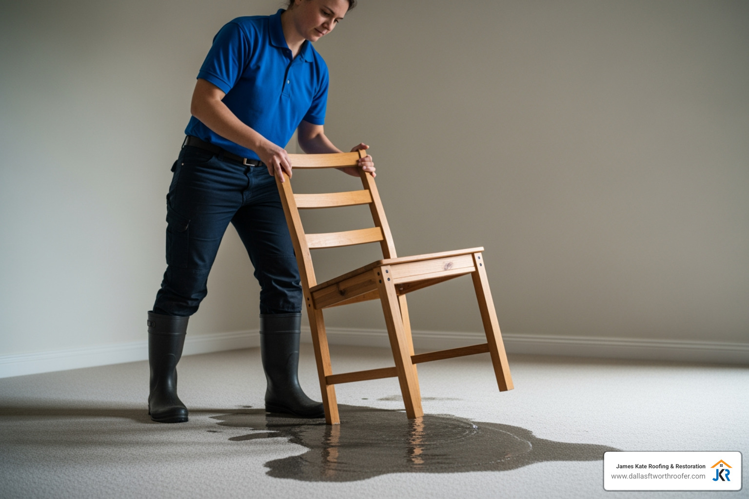 A person in a royal blue James Kate shirt and rubber boots moving a wooden chair away from a wet carpet area - carpet flooding clean up A person in a royal blue James Kate shirt and rubber boots moving a wooden chair away from a wet carpet area - carpet flooding clean up