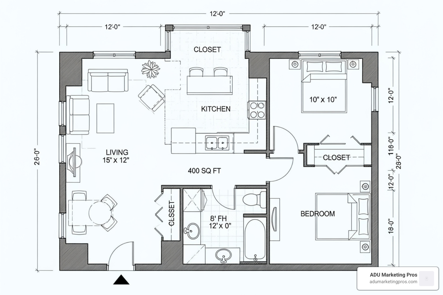 A detailed architectural floor plan for a 400 sq ft one-bedroom garage ADU. - Garage ADU plans