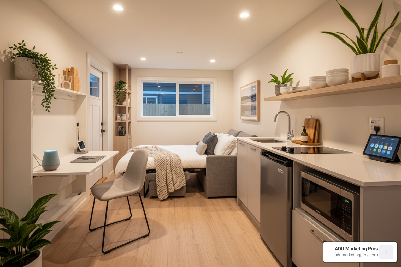 A cozy, well-lit interior of a completed garage ADU, showcasing smart furniture and a compact kitchen. - Garage ADU plans