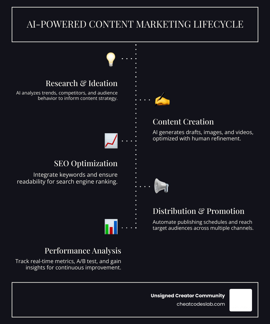 AI-powered content marketing lifecycle showing five stages: Research and Ideation with trend analysis and competitor insights, Content Creation with AI drafting and human refinement, SEO Optimization with keyword integration and readability checks, Distribution and Promotion across multiple channels with automated scheduling, and Performance Analysis with real-time metrics and continuous improvement - content marketing using ai infographic infographic-line-5-steps-dark